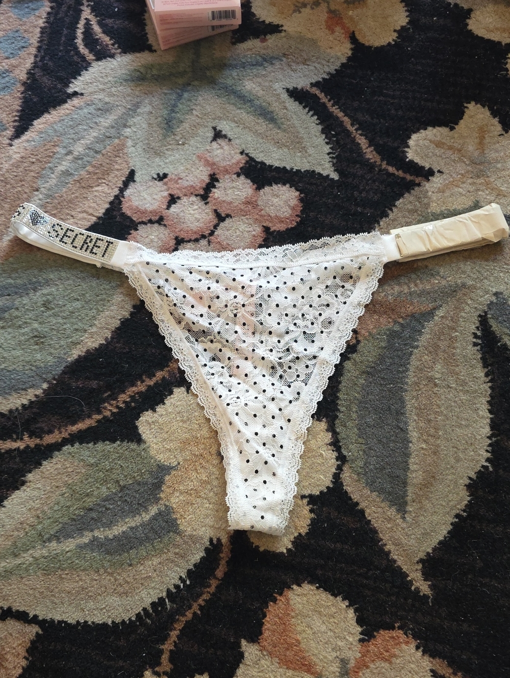 Victoria's Secret White Lace Polka Dot Thong with Logo Waistband